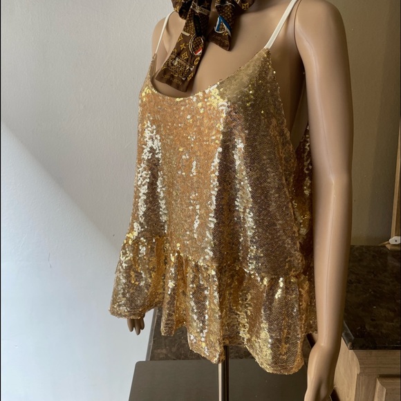 Gold sequined top peplum hem XL - Picture 3 of 8
